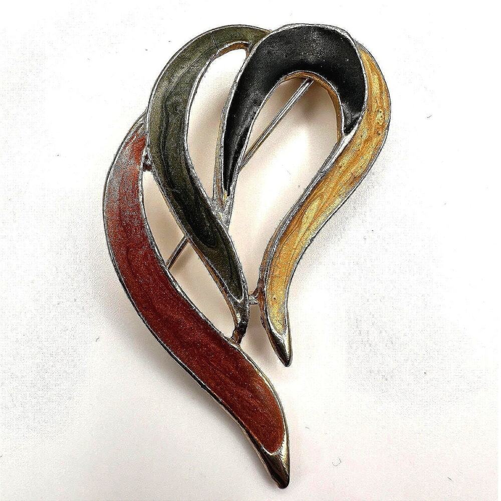 Vintage 80s Enamel Abstract Brooch Pin Brown Green Black Swirl Gold Tone Jewelry